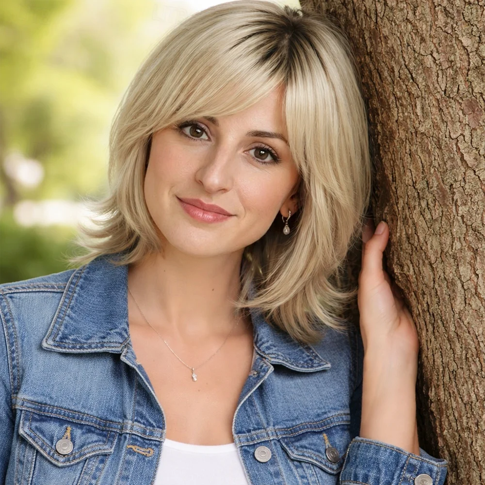 HAIRJOY  Synthetic Hair Layered Ash Blonde Wig with Dark Roots Side  Bangs Ombre Blonde Wig  for Women