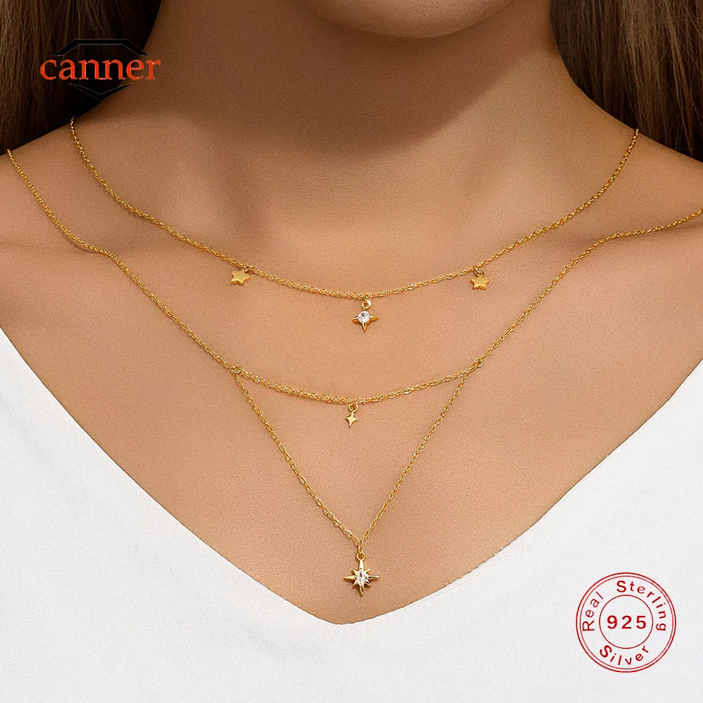 

CANNER Eight Pointed Star 925 Sterling Silver Double Layered Necklaces For Women Ins Minimalism Five-pointed Star Chain Jewelry