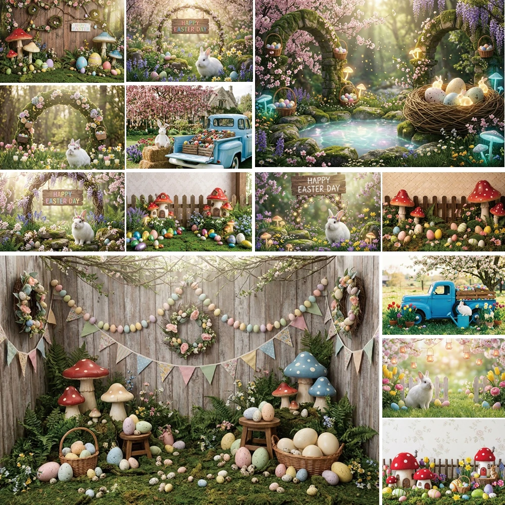 

MOON.QG Easter Wooden Wall Backgrounds For Photographs Eggs Mushroom Rabbit Bunny Backdrop Child Portrait Birthday Wallpaper