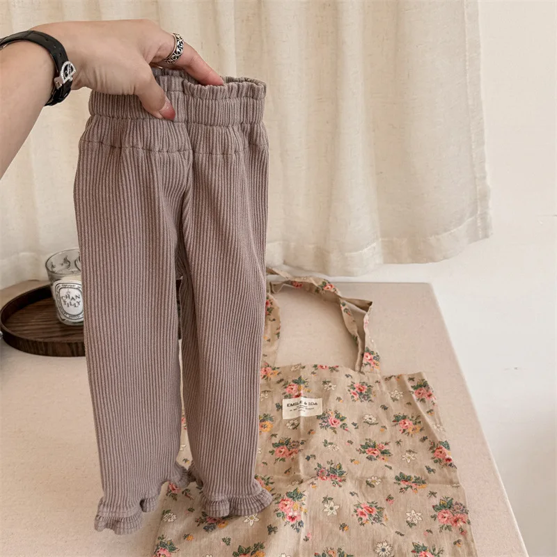 2024 Autumn New Girls Casual Pants Cotton Trousers For Baby Girl Cute Lace Leggings Solid Children Cropped Pants Kids Clothes