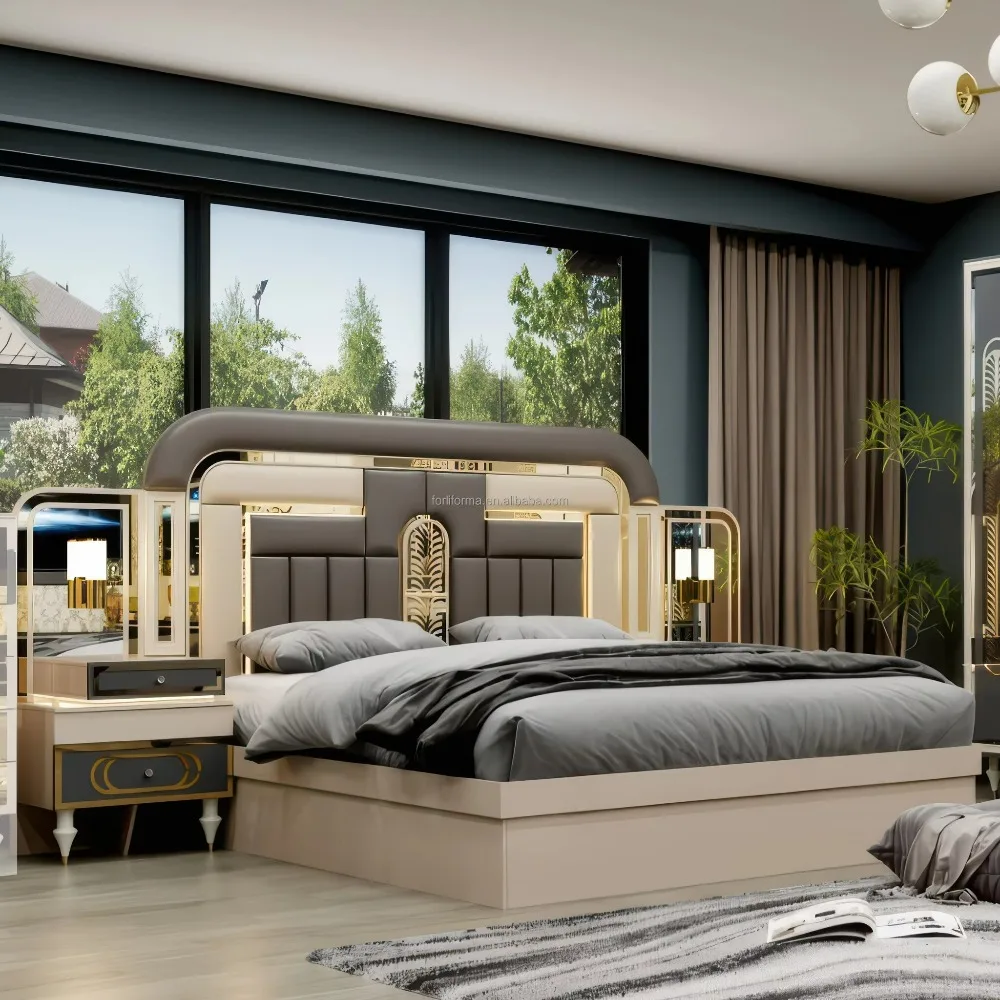 طقم غرفة نوم خشبية حديثة فاخرة مخصصة سرير قابل للتمديد بحجم كينغ/كوين مع تخزين لأثاث غرف نوم الفندق المنزلي