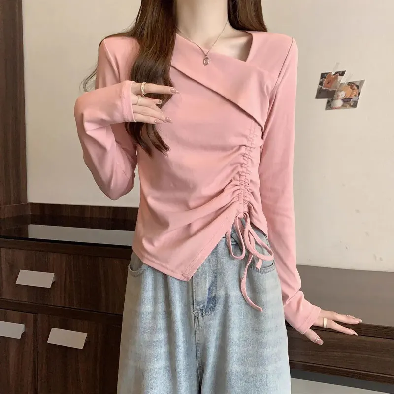 

Irregular Fashion Drawstring T-shirt Women's Clothing Solid Color Spring Autumn Elegant Skew Collar Basic Long Sleeve Pullovers