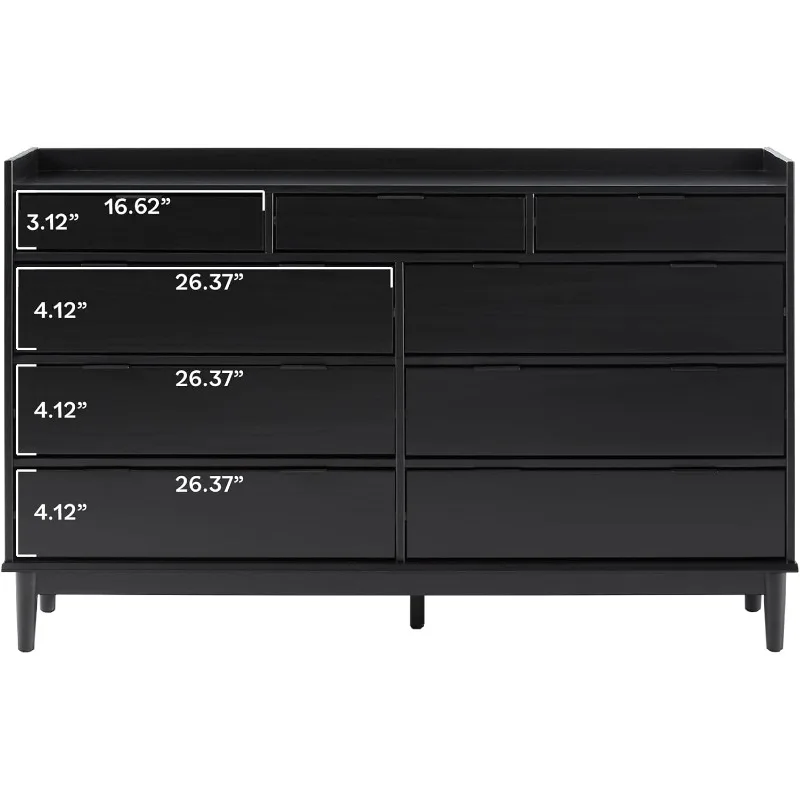 Blythe Cômoda moderna de meados do século com bandeja de madeira maciça e 9 gavetas, 60 polegadas, preta