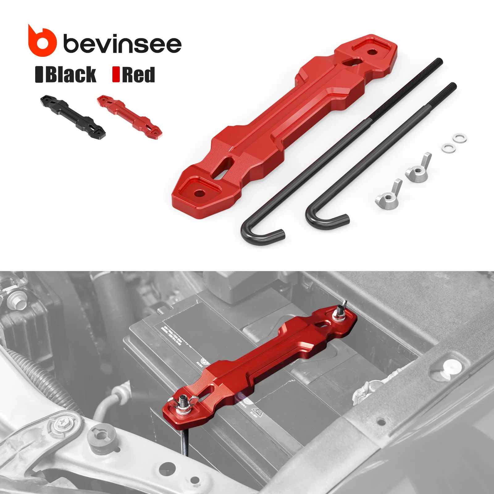 BEVINSEE Aluminum Battery Tie Down Bracket Battery Hold Down Sets For Toyota 4Runner 2003-2024 FJCruiser 2007-2014 4.0L V6 Gas