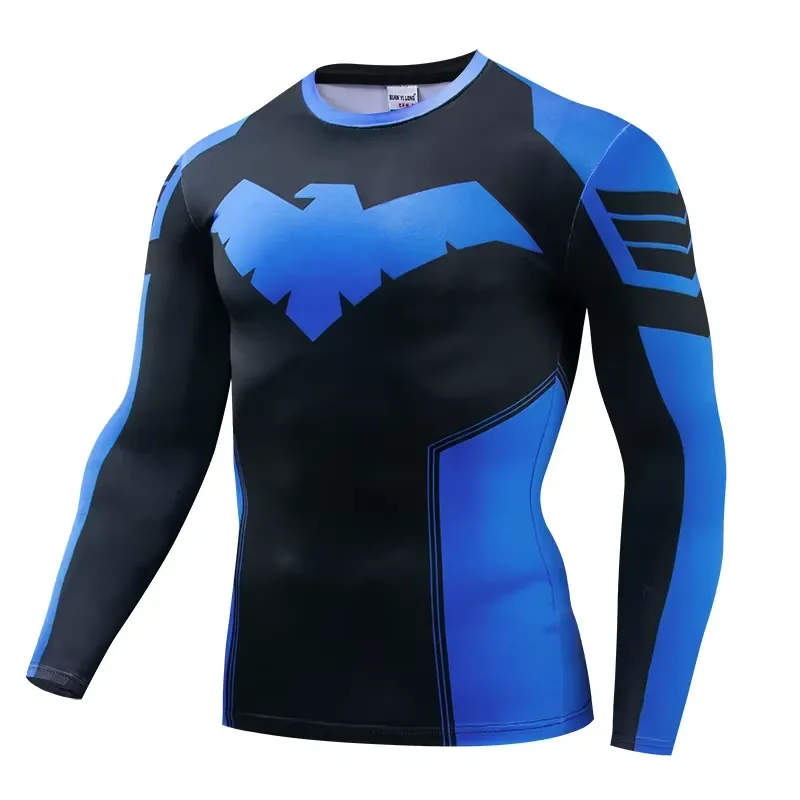 T-shirt de compression pour homme à manches longues décontracté imprimé en 3D 2026, Rash Guard de sport pour la salle de sport, la boxe, l'entraînement, le running, séchage rapide, Nightwing