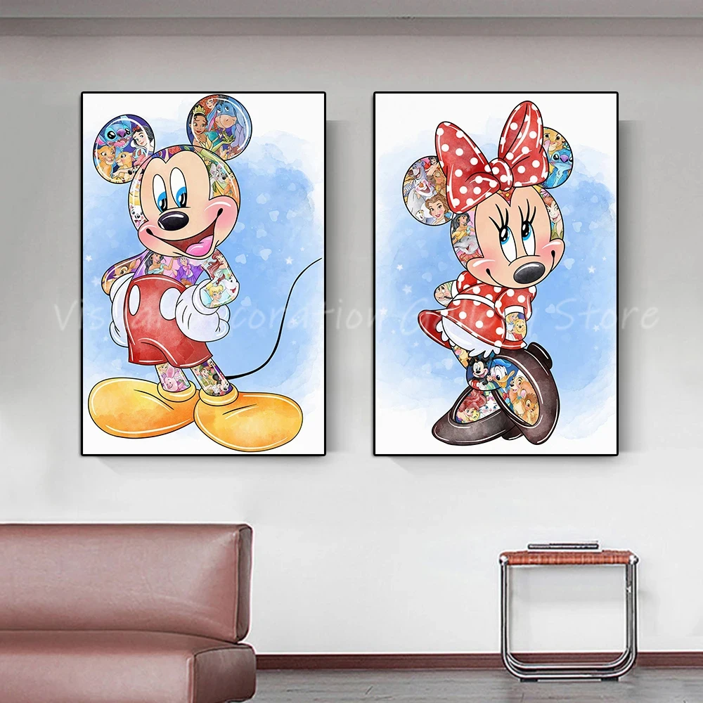 

Disney Mickey Minnie Mouse Cartoon Watercolor Poster Painting Canvas Illustration Kindergarten Living Room Home Wall Art Decor