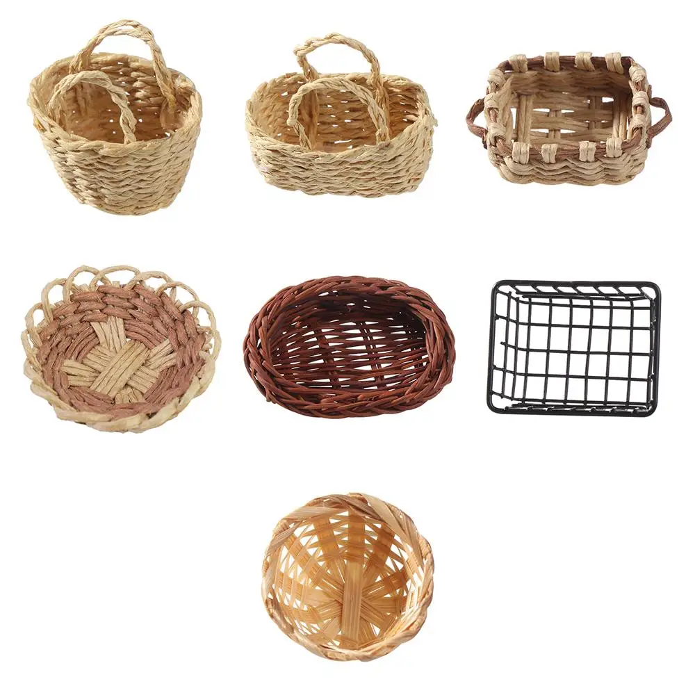 1PCS Dollhouse Miniature Rattan Woven Hand Willow Tiny Wicker Basket Easter Party Wedding Flower Picnic Mini Fairy Garden Decor