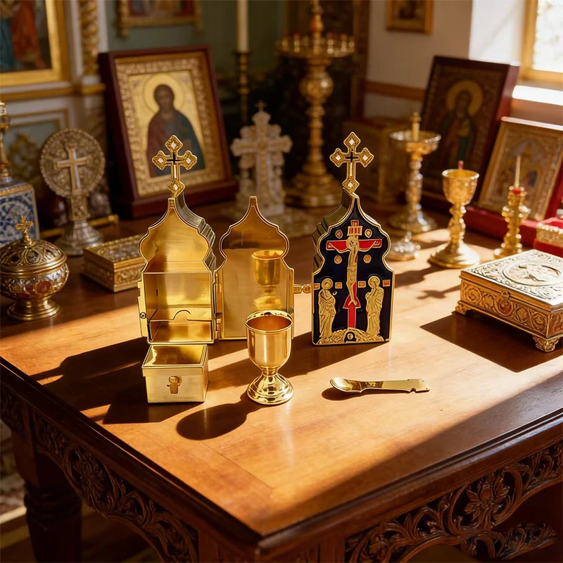 New Vintage Gold Plated Orthodox Communion Tabernacle Set with Enamel Icons for Church Liturgy Home Altar Christian Faith Gift