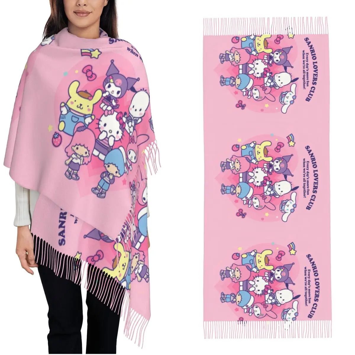 Lovers Club Hello Kitty Kuromi Scarf for Women's Warm Winter Pashmina Shawl Wrap Cinnamoroll Cartoon Long Large Shawl Scarf