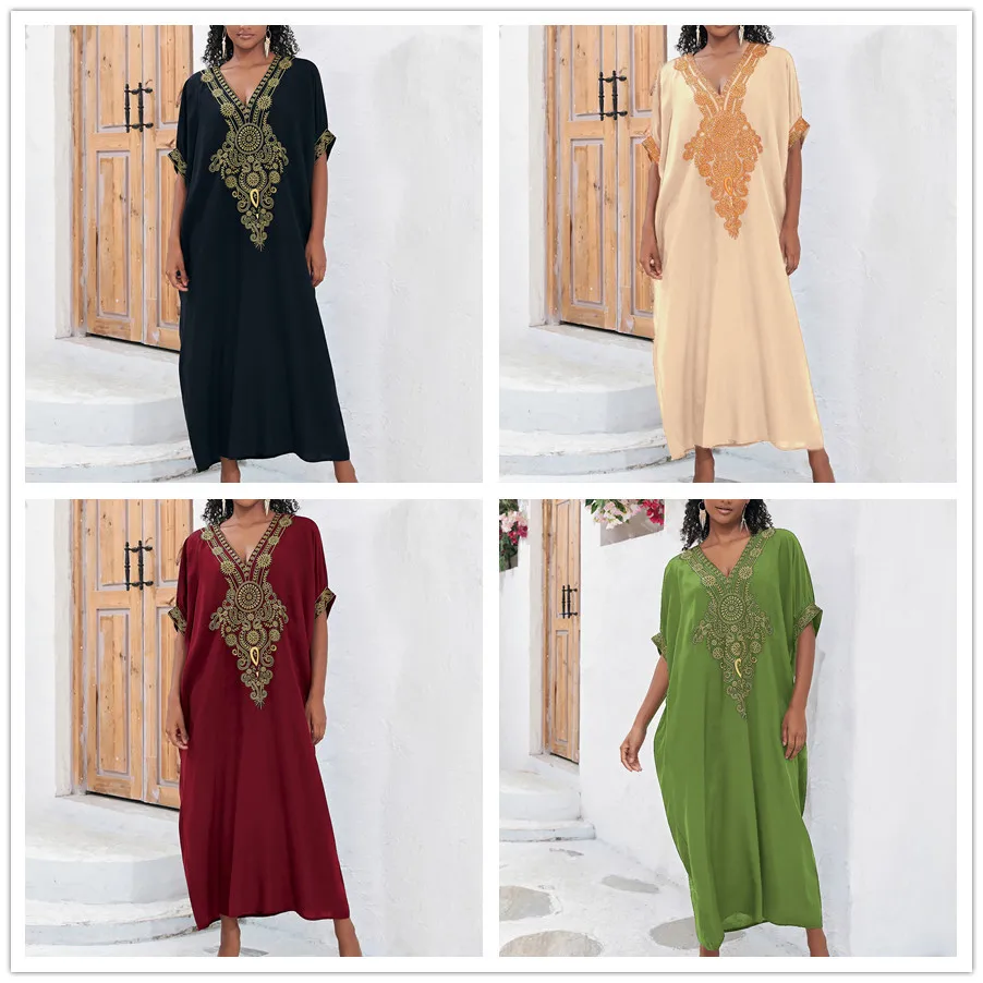여성용 루즈 자수 비치 원피스 수영복, 비키니 커버업, V넥 반팔 카프탄 로브, 캐주얼 비치웨어, 탑 커버업