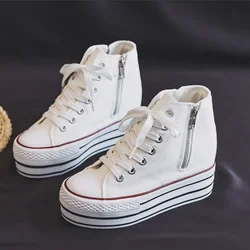 Internal Increase 10CM Canvas Shoes For Women 2024 Autumn New Zipper Casual Skateboard Shoes Korean All-match Platform Sneaker