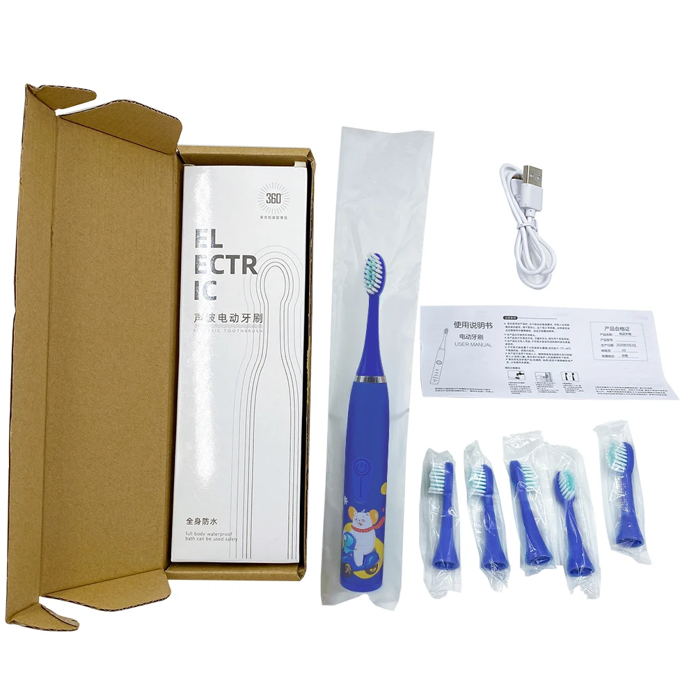 فرشاة أسنان كهربائية بالموجات فوق الصوتية للأطفال قابلة لإعادة الشحن بشعيرات ناعمة مع تصميم كرتوني وفرش احتياطية