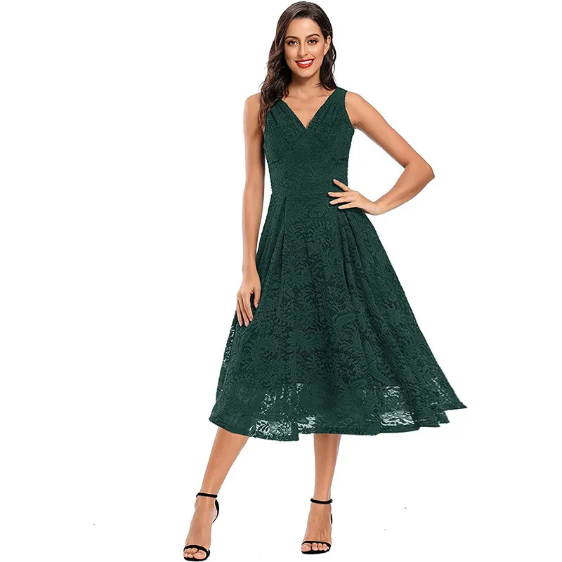 

Long Lace Embroidered Dress V-Neck Evening Gown for Women Birthday Party Cross-Border Polyester Fabric No-Sleeve Company Annu...