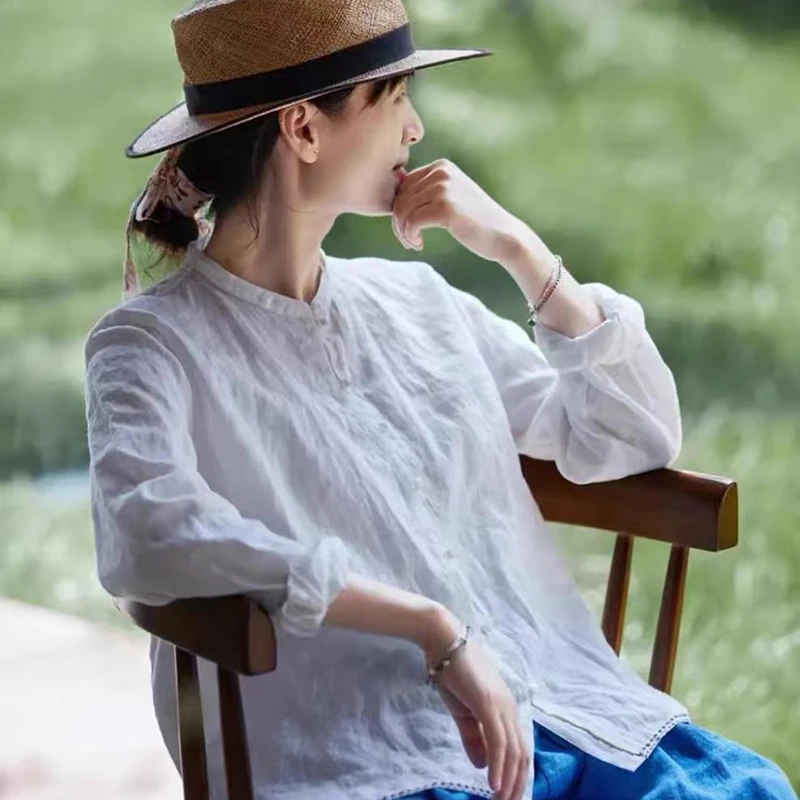 

Women Long Sleeve Linen Shirt New Arrival 2026 Spring Simple Style Vintage Stand Collar Loose Female White Tops Shirts M2514