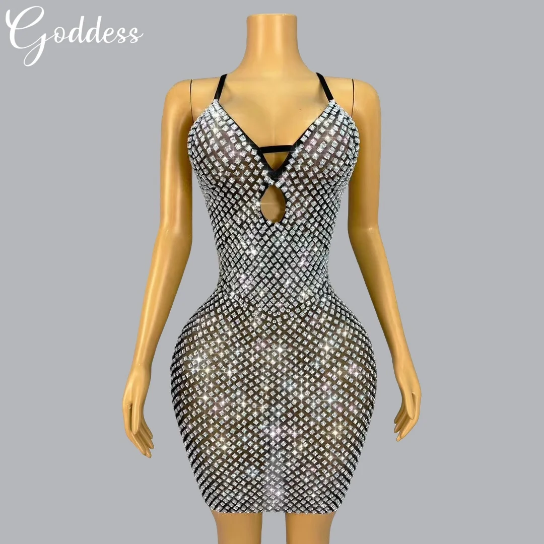 

Sparkling Rhinestone Hollow Design Elegant Short Dress Cocktail Prom Birthday Evening Dress Party Performance Sexy Short Dress