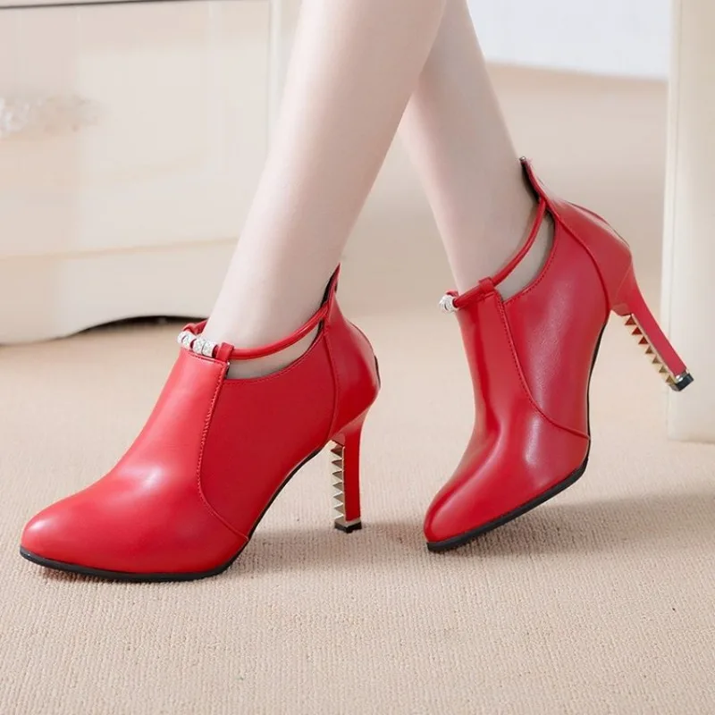 Stiletto Thin Heel Pointed Toe Faux Leather Zipper Sexy Boots Ankle Women Boot Red High Heels 9cm Spring Autumn 40 Boot