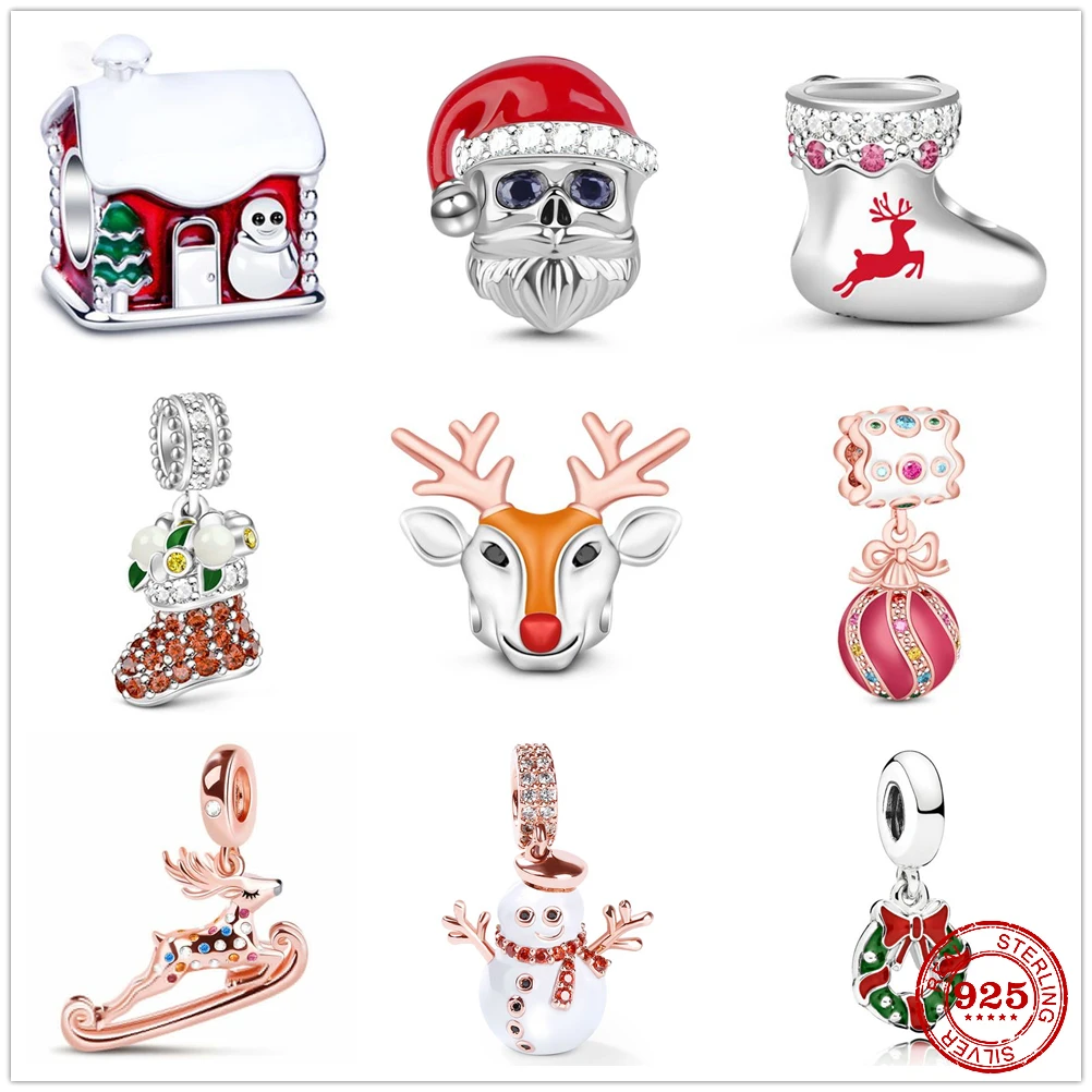 2024 New Christmas Socks Elk Candy Santa Charm Bead fit Original Pendant charms silver 925 Bracelet for girl DIY Jewelry Gifts