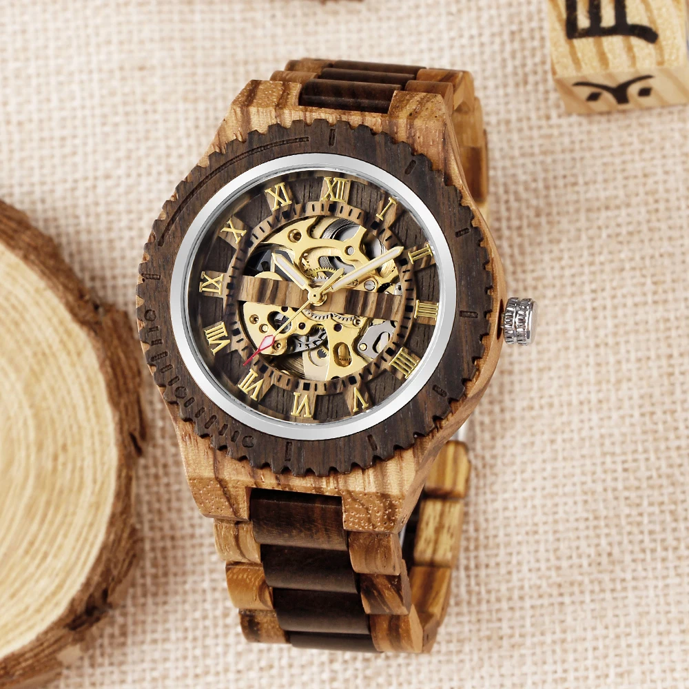 

Luxury Dual Tone Wooden Hollow Mechanical Watch with Trendy and Personalized Design for Men's Business and Leisure Watches