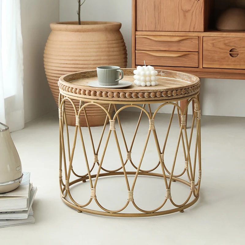 hh-Bohemian Rattan Side Table, Handmade Woven Round Coffee Table for Living Room, Natural Wicker End Table with Storage^