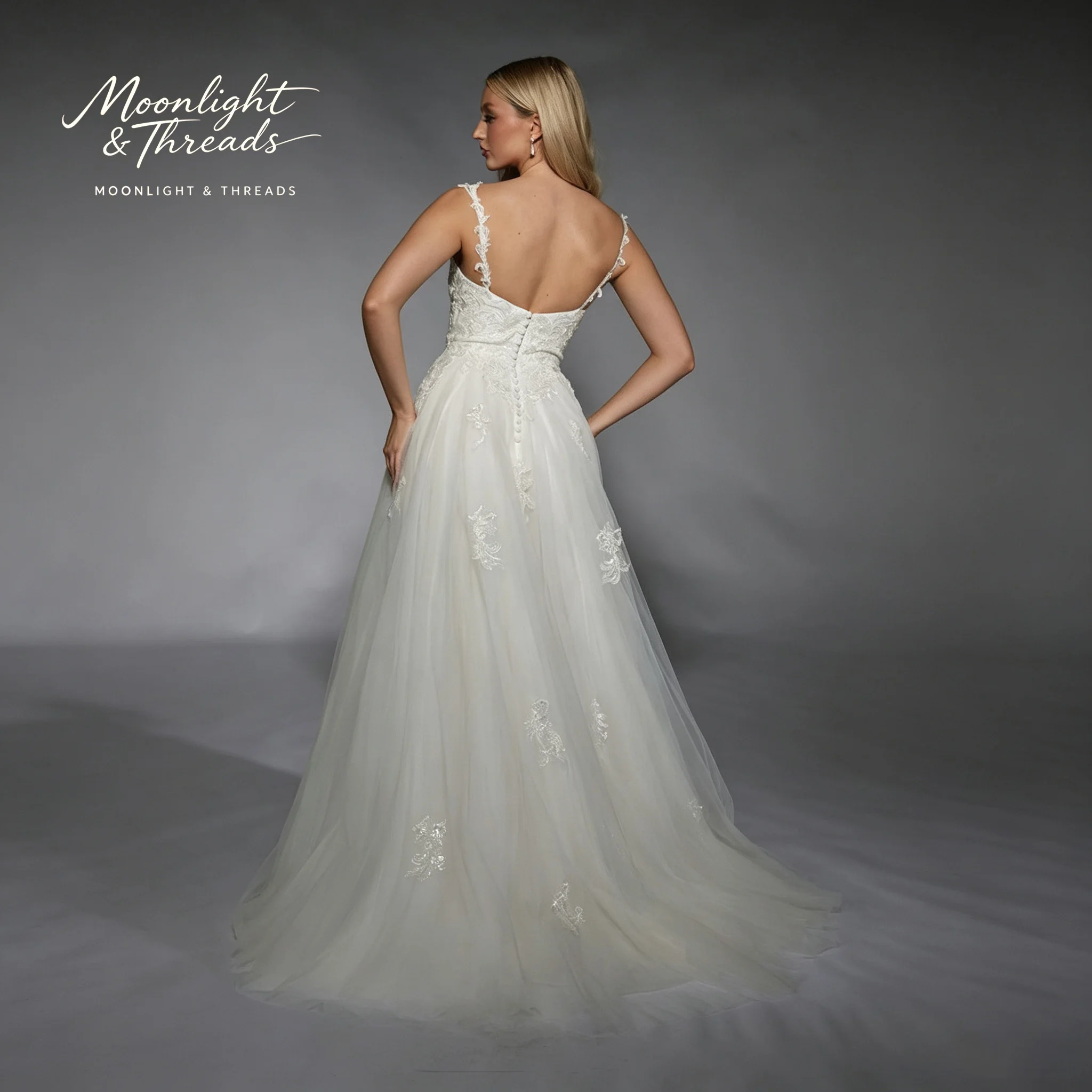 White halter-neck sleeveless tulle dress floor-length formal occasion wedding gown lace embroidery backless design view 5
