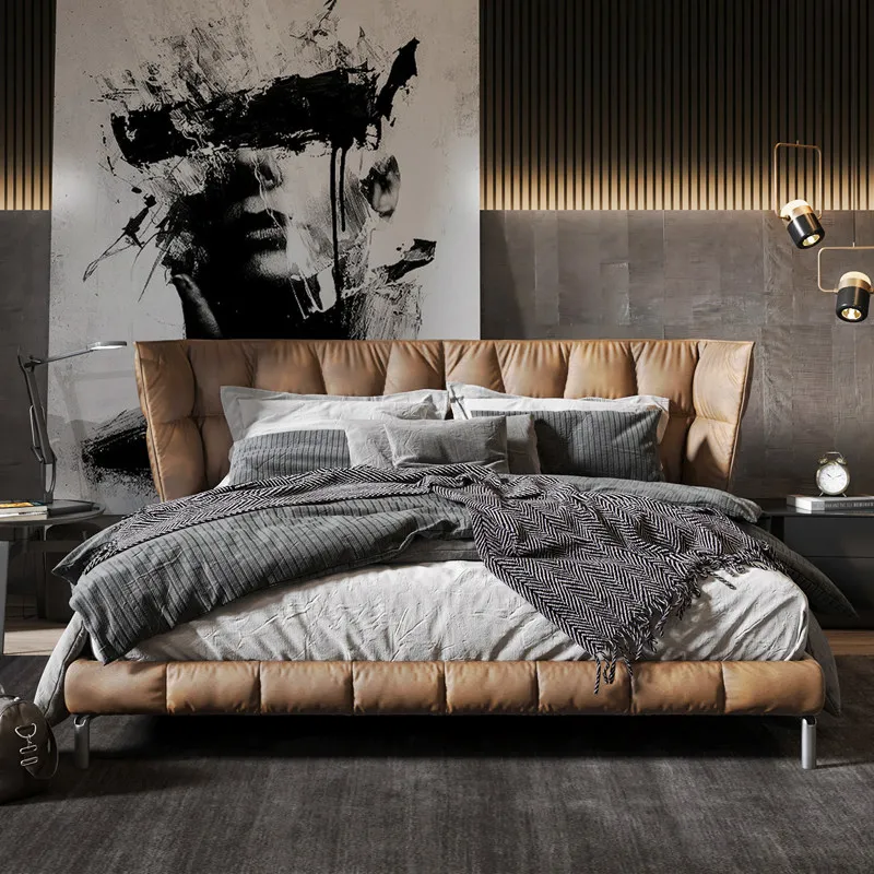 Brown Luxury Double Bed Couples Base Elegant Frame Modern Double Bed Size Adults Wooden Cama Matrimonial Furniture For Home