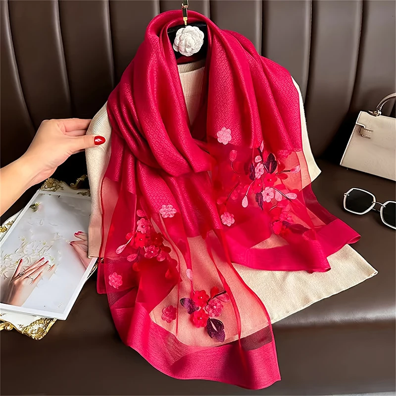 Women Silk Wool Scarf Floral Embroidery Hijab Female Foulard Spring Summer Thin Pashmina Shawls Wraps Bufanda Headscarf Stoles