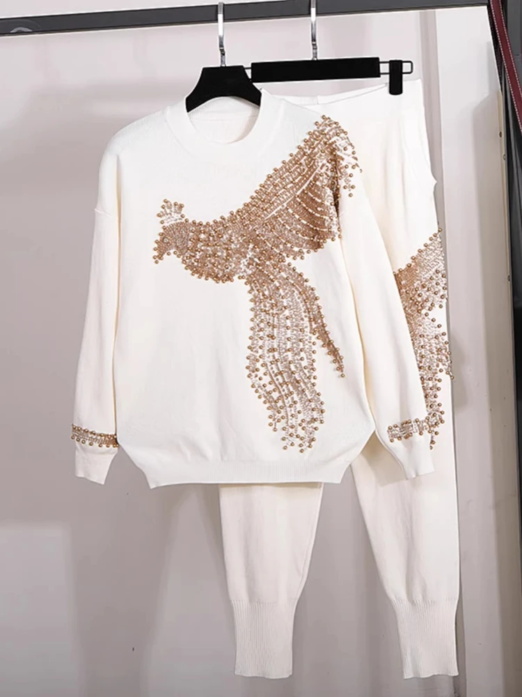 2026 New Knitted Suit Women's Spring Autumn Fashion Retro Sequin Stitching Knitted Sweater Casual Trousers 2-Piece Suit Trendy