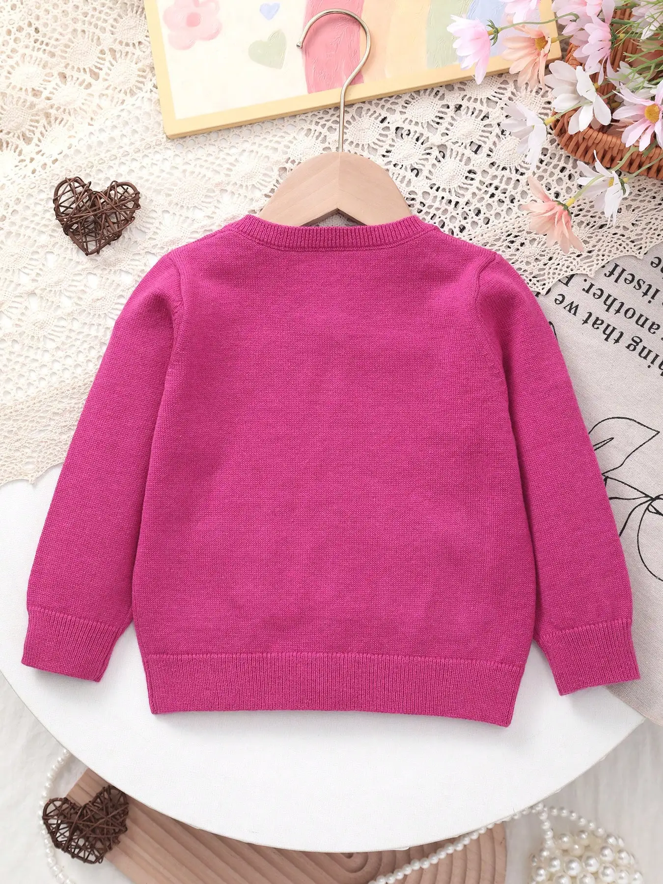 Baby Girl's Spring Thin Valentine's Day Style Gentle and Sweet Double-Pocket Cardigan with 3D Bow Design and Knitted Round Neck
