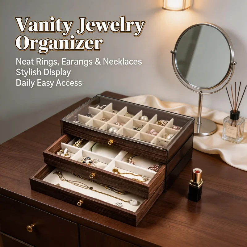 Premium Dustproof Walnut Wooden Jewelry Organizer Box  3 Layers Drawer for Women Bracelet Brooch Storage Case