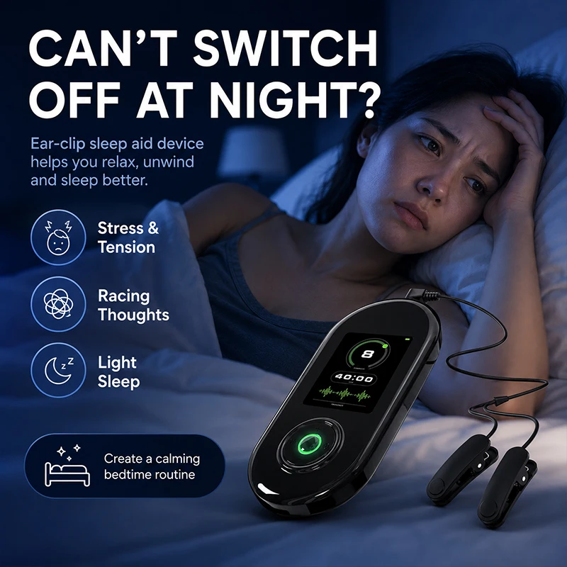 1Pc CES Ear-Clip Sleep Aid, Micro Current Improves Insomnia, 9 Level Adjustable, Help Sleep, Relieve Fatigue, Comfort Secure Fit