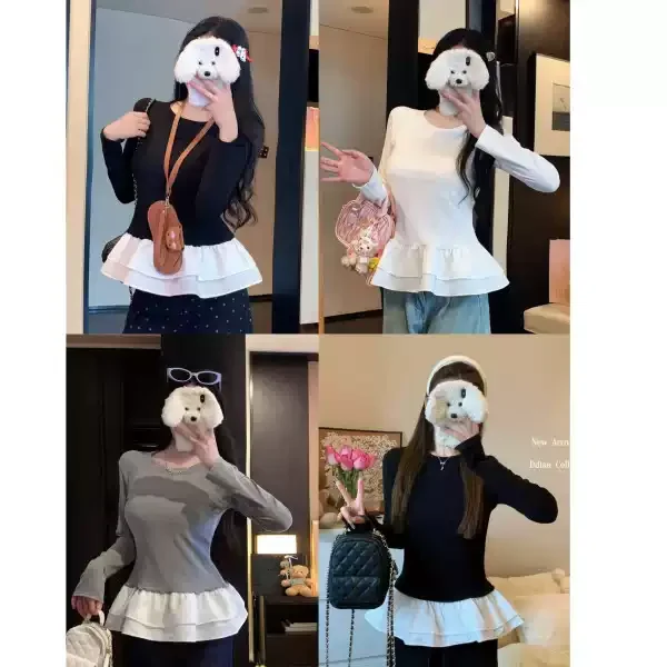 Sweet And Spicy Girl Ballet Style Long Sleeve T-Shirt Women's Outerwear Base Shirt with Chest Pad Floral  Splicing Slim F...