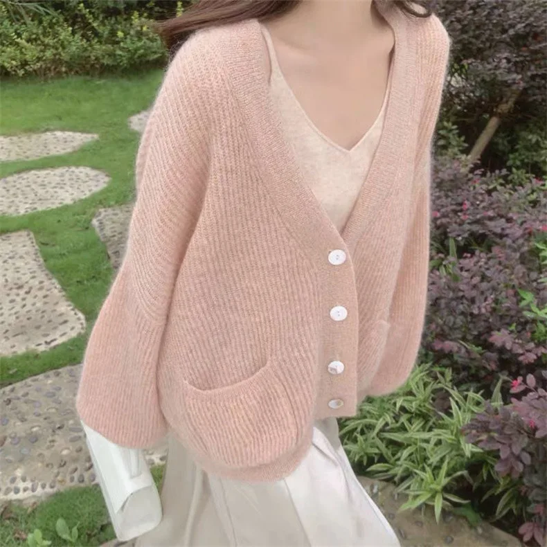 Women New Solid Knitted Open Cardigan Autumn Loose Lazy Shoulder Sweater V-Neck Pocket Outerwear Sweet Full Sleeve Chic Top B881