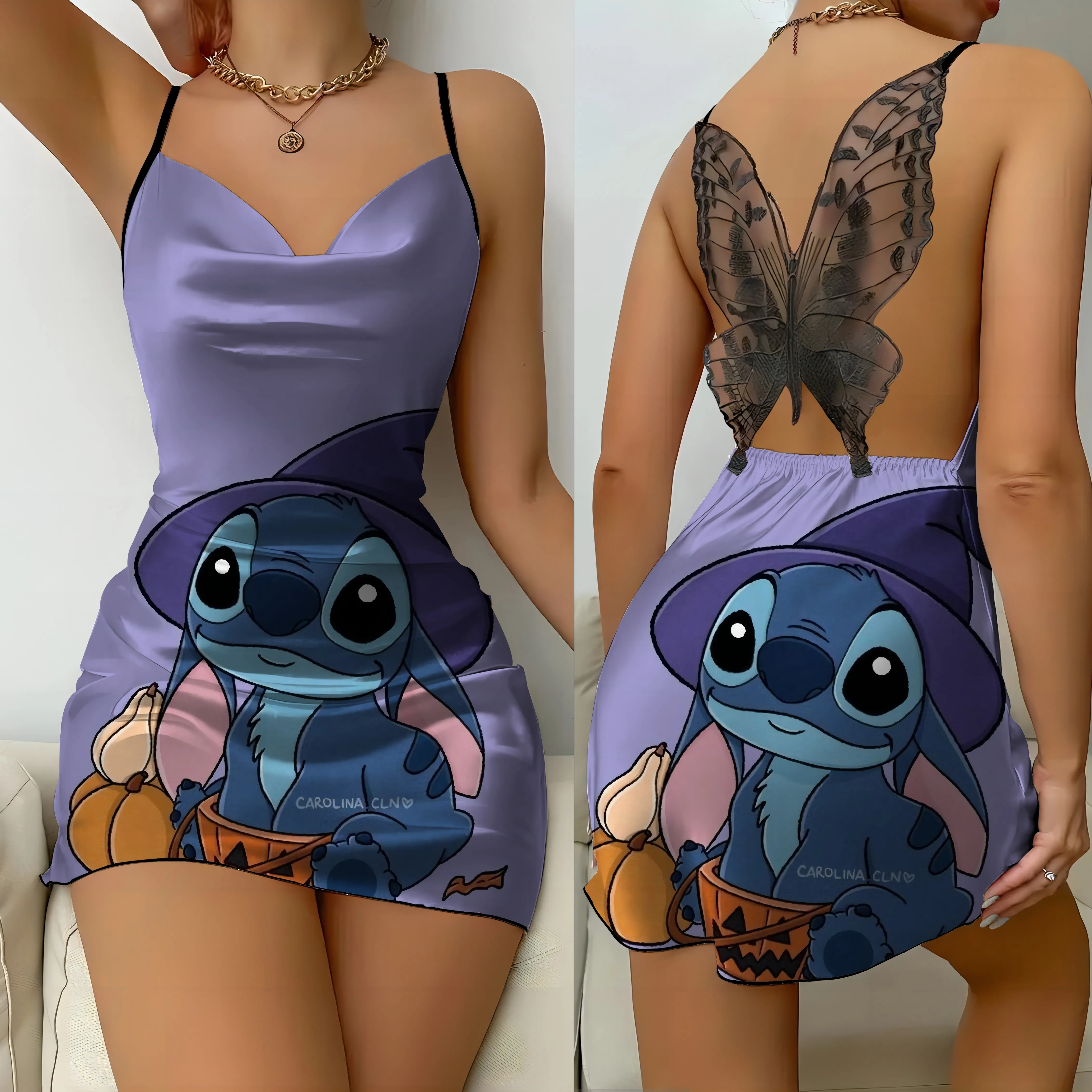 Stitch Backless Dress Fashion Summer Dresses 2024 Disney Bow Knot Satin Surface pigiama gonna Womens Party Mini Sexy Lace Disney