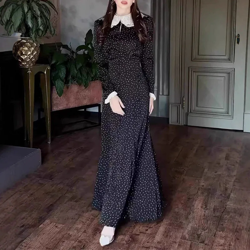 

Temperament collar printed long sleeved waist cinched long dress with lace up button design for ladies slim fit dress