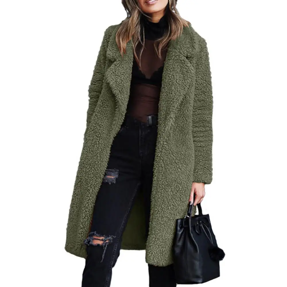 Women Winter Thicken Plush Lapel Solid Color Long Sleeve Warm Cardigan Midi Coat Winter Keeep Warm Overcoat Plush Woolen Jacket