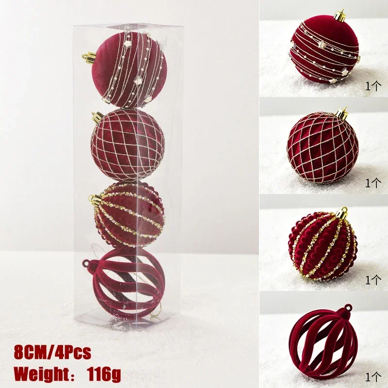 6/8cm 4pcs Christmas Balls Ornaments Wine Red Flocking Christmas Tree Party Decoration New Year Christmas Spheres 2023