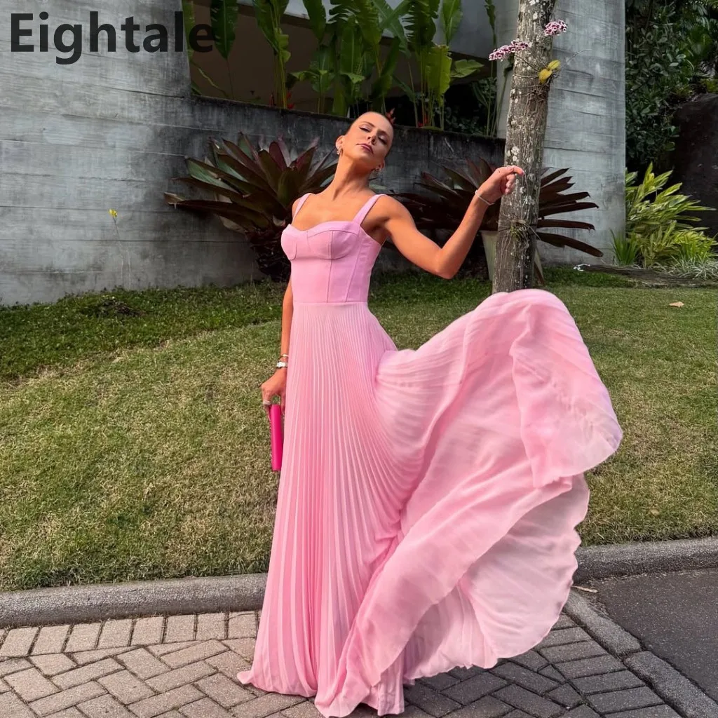 

Eightale 2025 Pink A Line Chiffon Maxi Evening Dress Spaghetti Straps Saudi Arabic Prom Dress Dubai Party Gown Customized