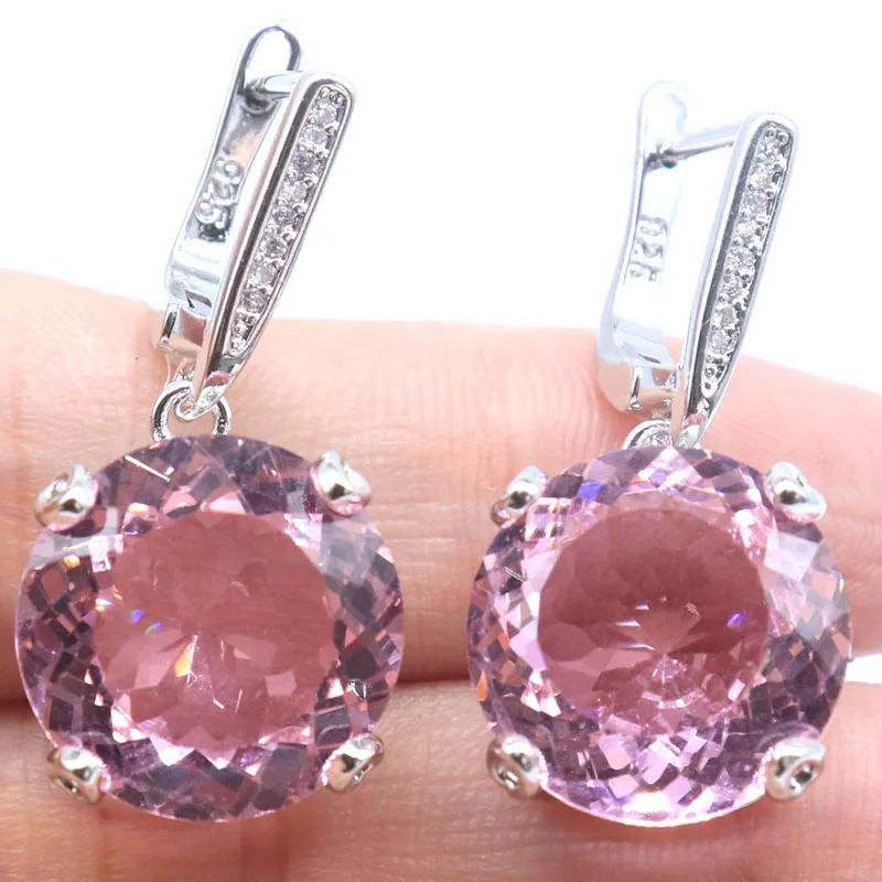 

32x15mm SheCrown Big Gemstone Pink Kunzite Rhodolite Garnet London Blue Topaz CZ Ladies Dating Silver Dangle Earrings