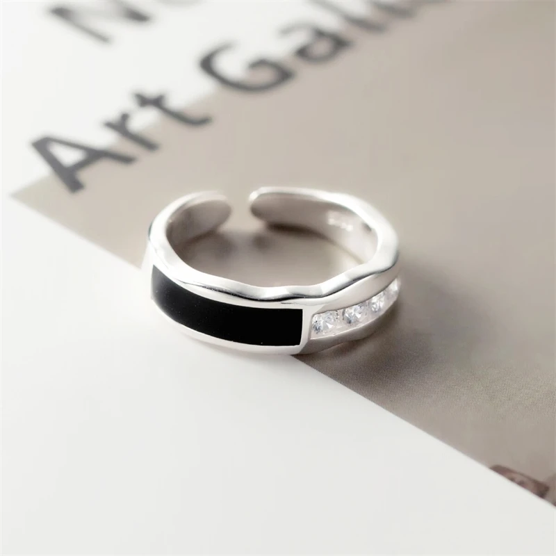 Geometric Black Geometric Square Drop Glaze Wave 925 Sterling Silver Female Resizable Opening Rings RI1214