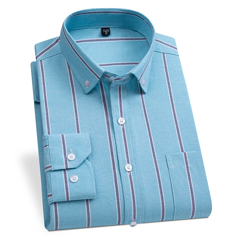 Oxford Shirts for Men 100% Cotton Striped Plaid Man Fashion Clothing Trends Korean Style Young Long Sleeve Casual Dress Shirts