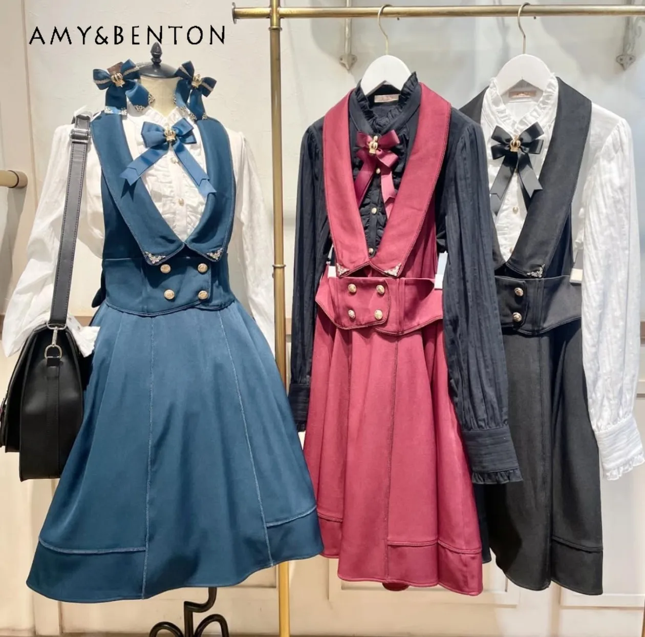 

Japanese Style Sweet Uniform Halter Dress Cute Turn-Down Collar Double-Breasted High-Waist Slim Fit Puff Dress A-Line Dresses