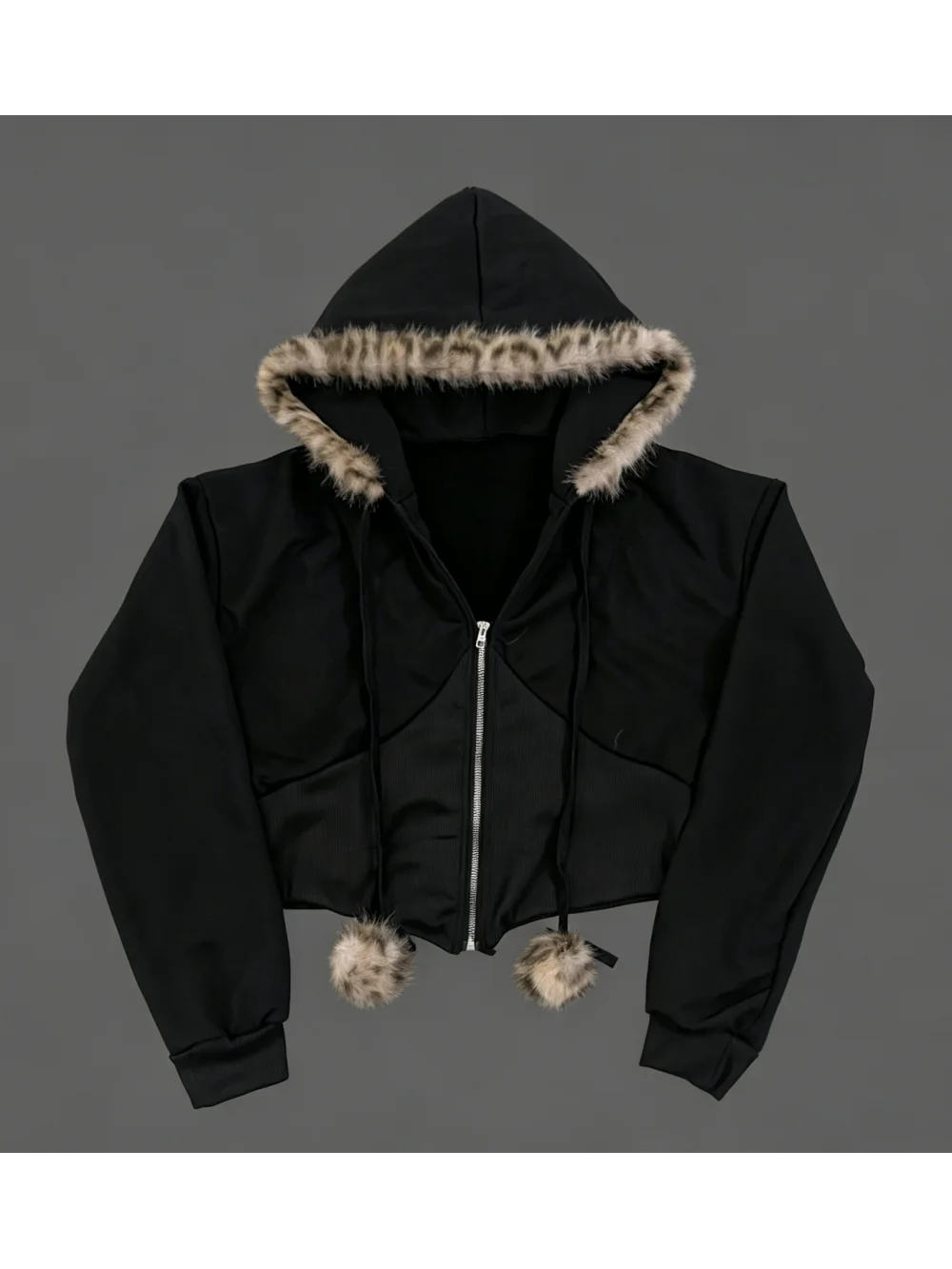 

2026 new plush edge hooded zipper short style fur ball drawstring long sleeved jacket Y2K spicy girl casual trend ins versatile