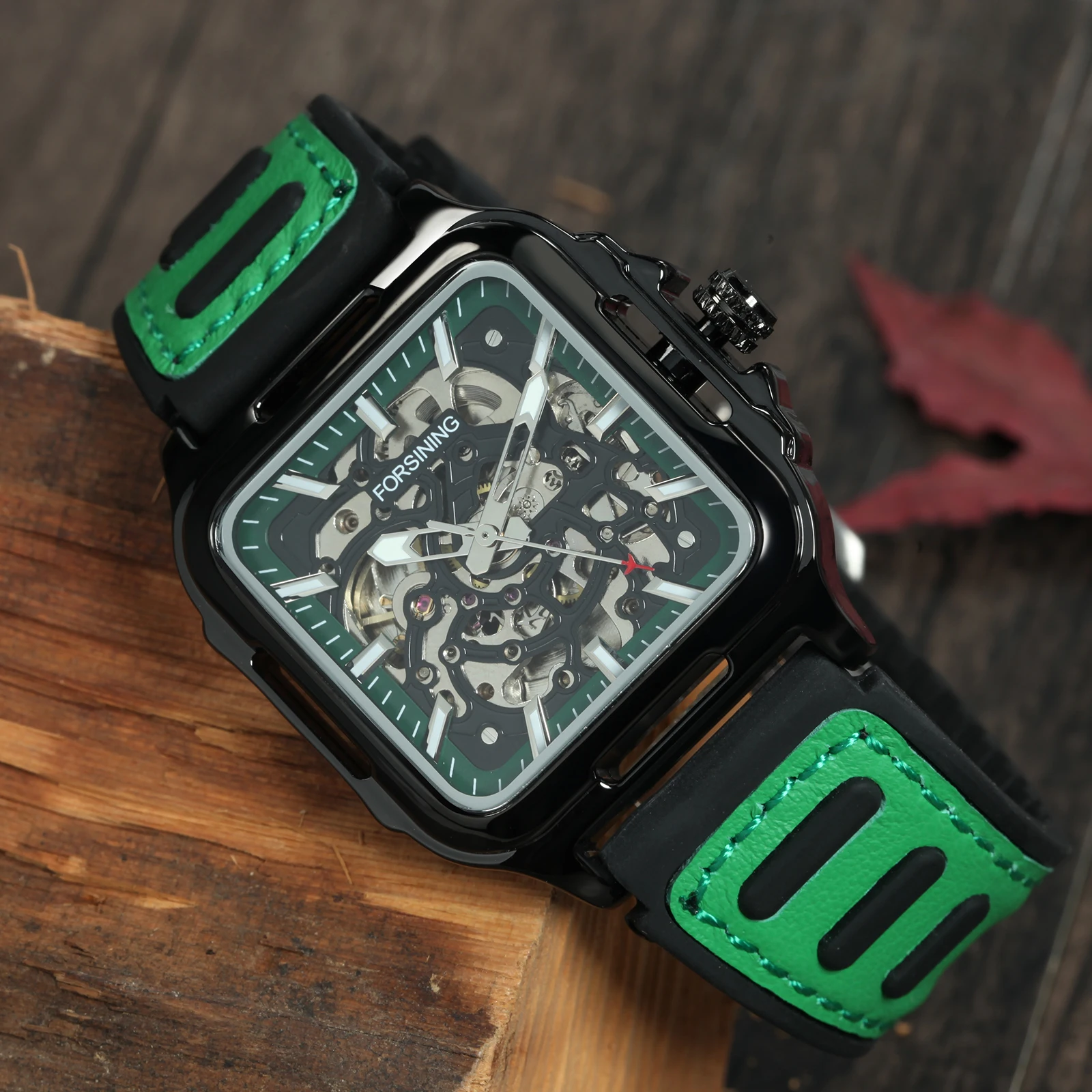 Forsining Sports Square orologio meccanico automatico per uomo moda mano luminosa nero verde cinturino in pelle di gomma orologi di lusso