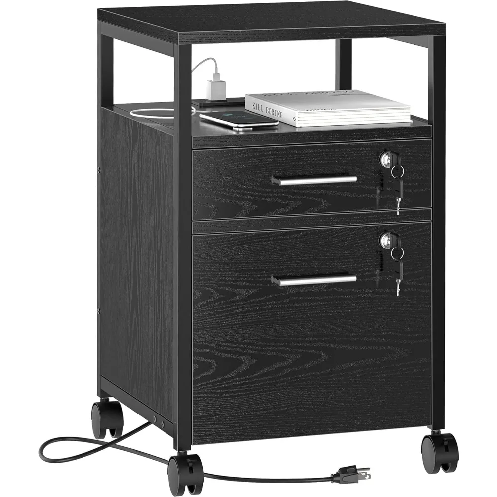 SUPERJARE File Cabinet with Lock & Charging Station, 2 Drawers Rolling Filing Cabinet, Office File Cabinet with Wheels & Open