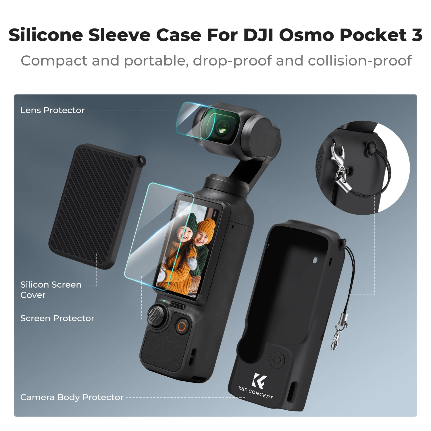Ensemble de coques de protection en silicone K&F CONCEPT pour Pocket 3, film protecteur d'écran, film protecteur d'objectif, adapté aux accessoires DJI OSMO Pocket 3