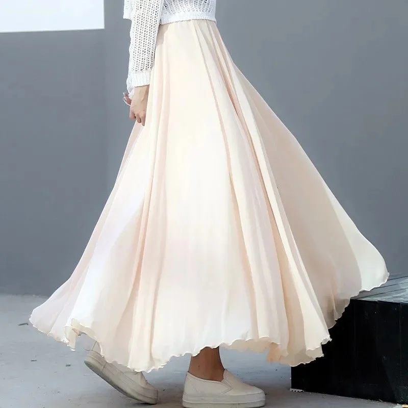 

High Quality Chiffon Maxi Skirt Womens Casual Elastic High Waist Pleated A-Line Beach Skirts Boho Saia Feminina Faldas Jupe
