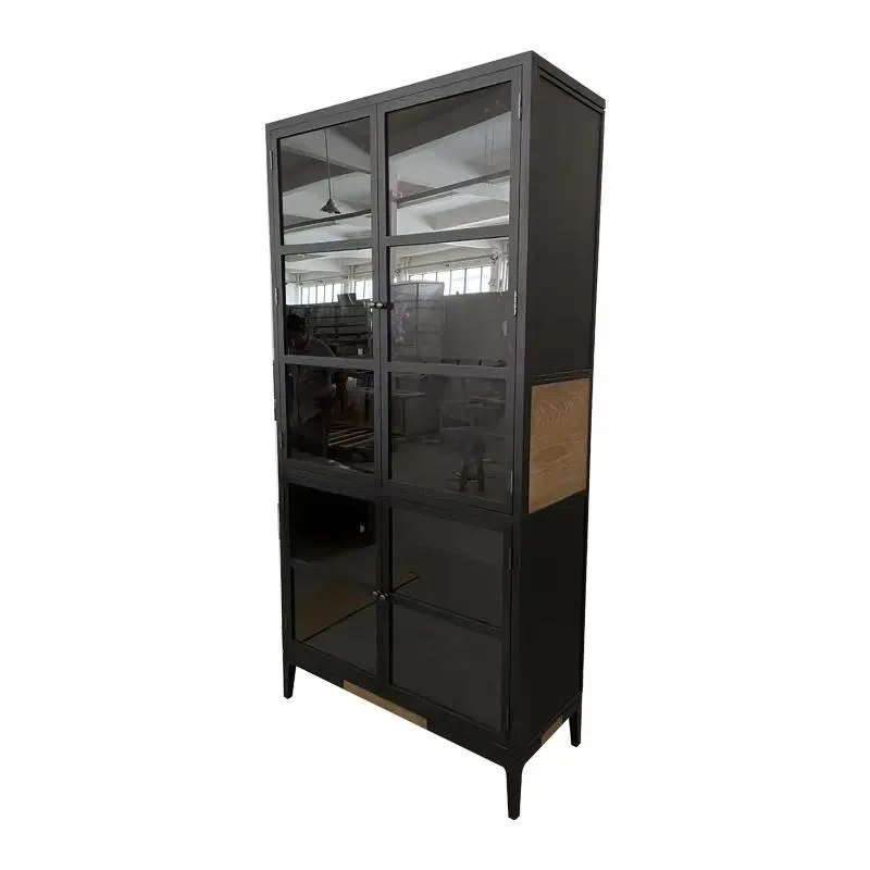 Modern Black Solid Oak Glass Display Cabinet 5 Shelves for Living Room Home Office Dining Room Bar Warehouse Storage Showcase