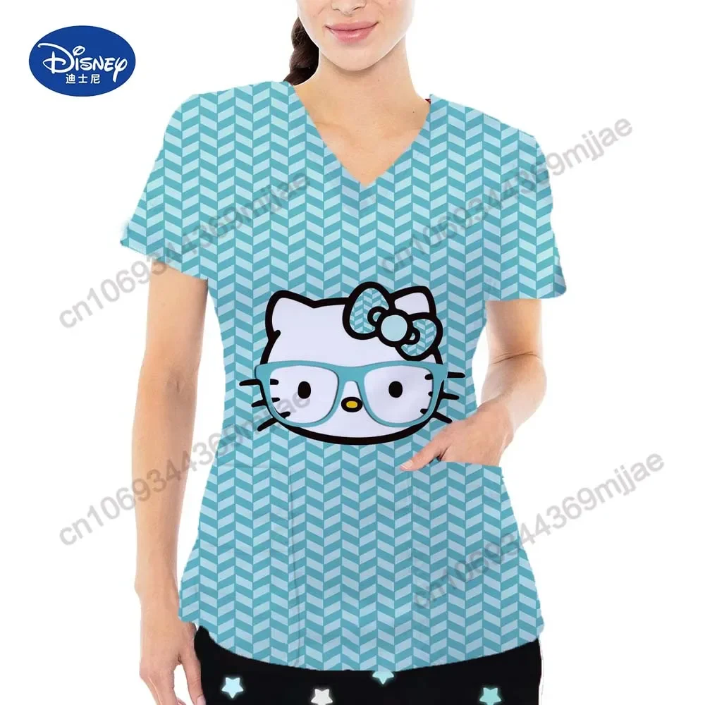 

V-neck Women's T-shirt Cartoon Summer Short Sleeves Top Fashionable Pocket Design