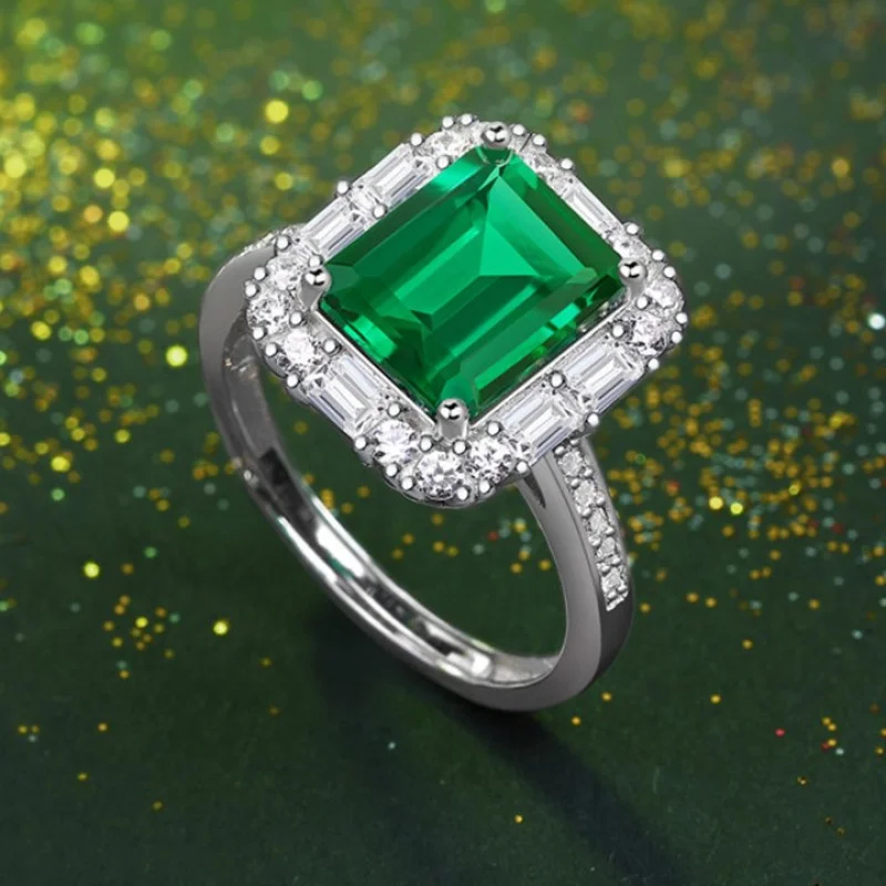 Cluster Jewelry Synthetic square Emerald Gemstone Ring Price Adjustable 925 Sterling Silver Lab Grown Green Emerald Ring