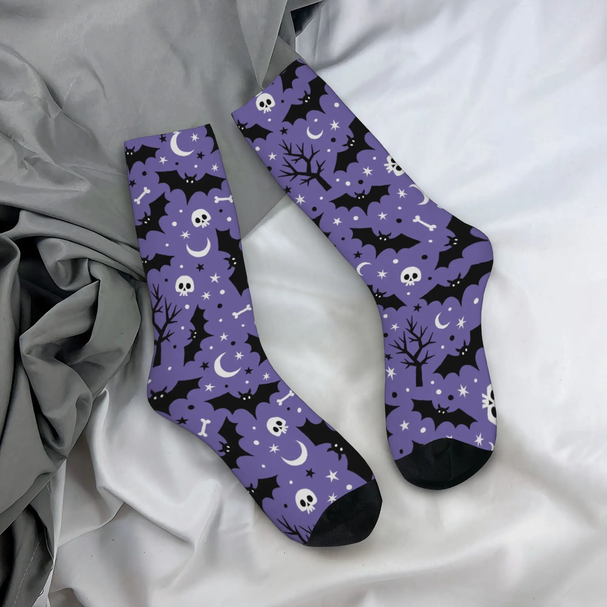 Harajuku Bat Moon Skull Tree Soccer Socks Halloween Party Cartoon Polyester Middle Tube Socks for Unisex Non-slip